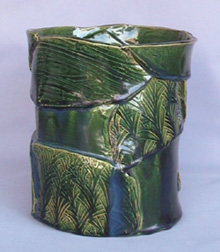 岩井祝子 「緑釉貼合筒花器」 径23.0×高26.0cm