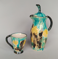 池田秀子　「ポット＆カップ」　ポット 径14.0×10.0 高24.5cm　カップ 径10.5×8.0 高9.0cm