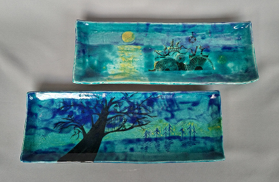 秋本千香　「長角皿」　上 径29.5×11.0 高2.5cm　下 径30.5×11.0 高2.0cm